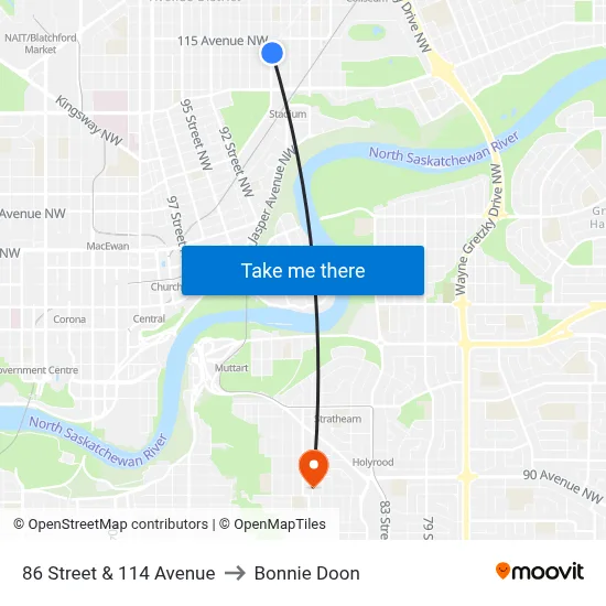 86 Street & 114 Avenue to Bonnie Doon map