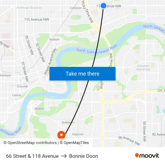 66 Street & 118 Avenue to Bonnie Doon map