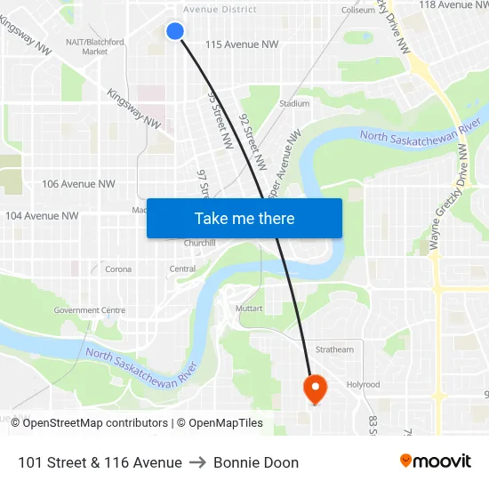 101 Street & 116 Avenue to Bonnie Doon map