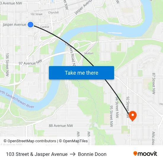 103 Street & Jasper Avenue to Bonnie Doon map