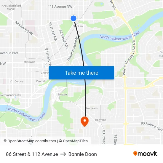 86 Street & 112 Avenue to Bonnie Doon map