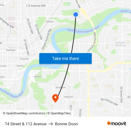 74 Street & 112 Avenue to Bonnie Doon map
