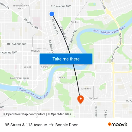 95 Street & 113 Avenue to Bonnie Doon map