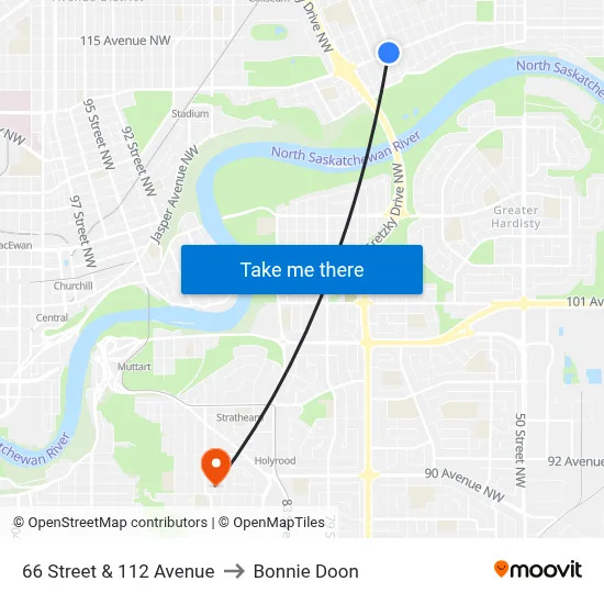 66 Street & 112 Avenue to Bonnie Doon map