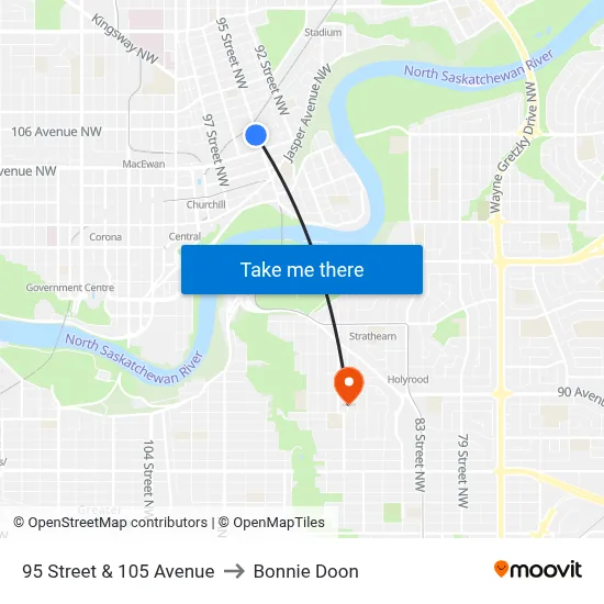 95 Street & 105 Avenue to Bonnie Doon map
