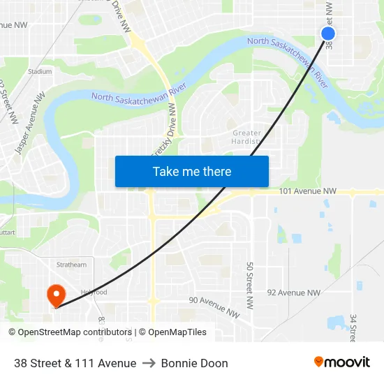 38 Street & 111 Avenue to Bonnie Doon map