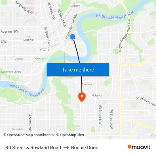 90 Street & Rowland Road to Bonnie Doon map