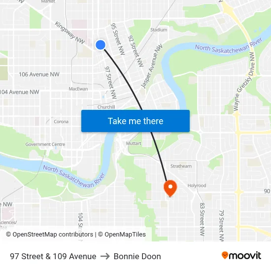 97 Street & 109 Avenue to Bonnie Doon map