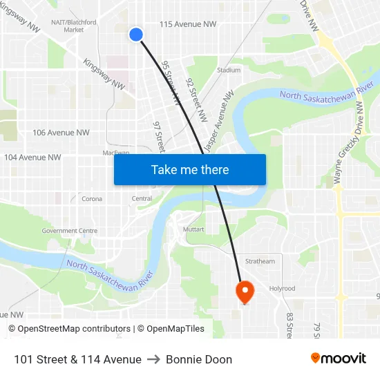 101 Street & 114 Avenue to Bonnie Doon map