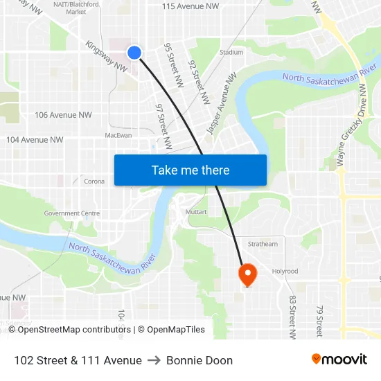102 Street & 111 Avenue to Bonnie Doon map