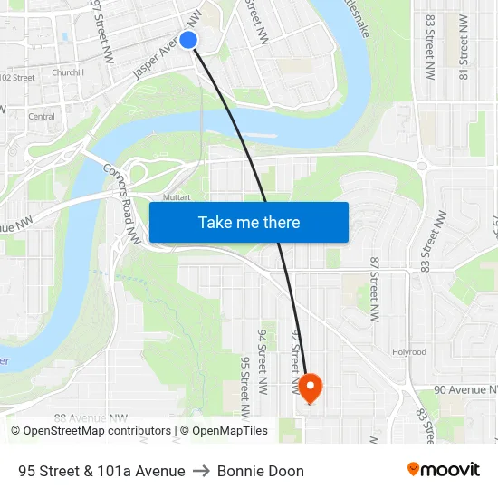 95 Street & 101a Avenue to Bonnie Doon map