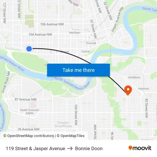 119 Street & Jasper Avenue to Bonnie Doon map