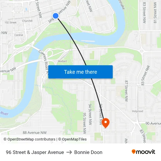 96 Street & Jasper Avenue to Bonnie Doon map