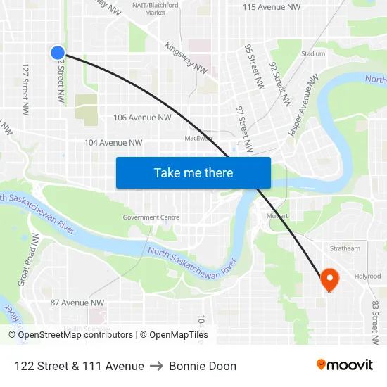 122 Street & 111 Avenue to Bonnie Doon map