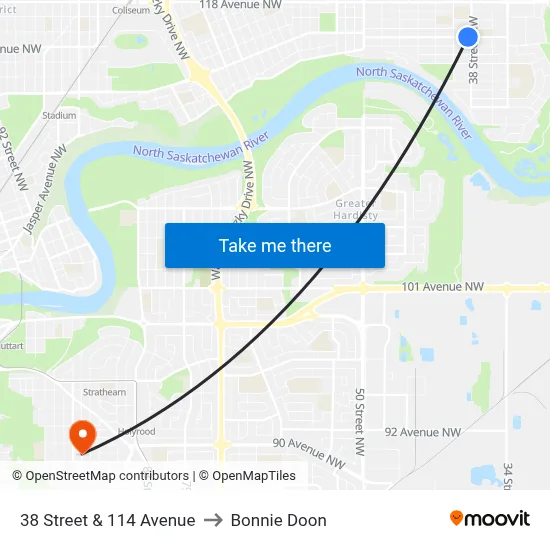 38 Street & 114 Avenue to Bonnie Doon map