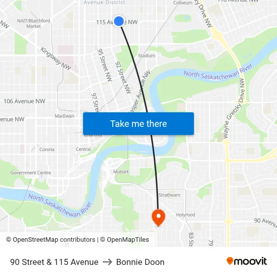 90 Street & 115 Avenue to Bonnie Doon map