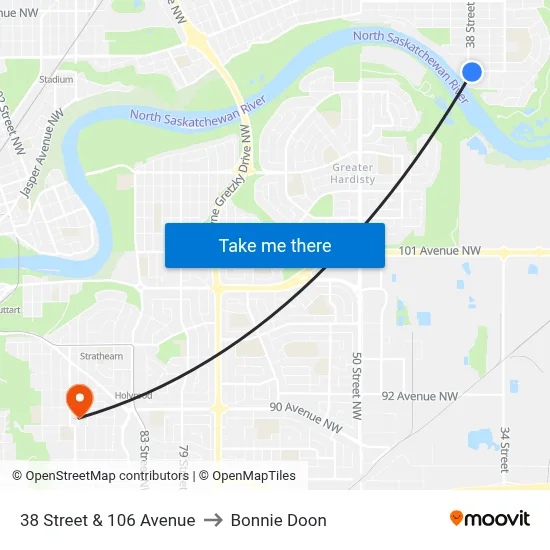 38 Street & 106 Avenue to Bonnie Doon map