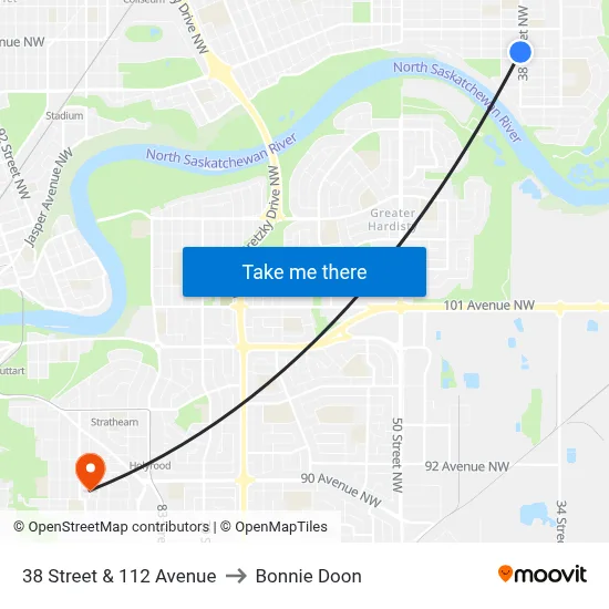 38 Street & 112 Avenue to Bonnie Doon map