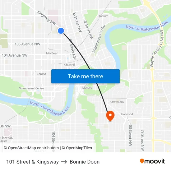 101 Street & Kingsway to Bonnie Doon map