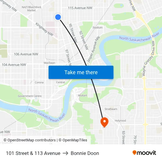 101 Street & 113 Avenue to Bonnie Doon map