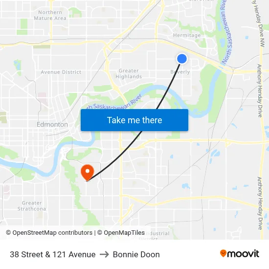38 Street & 121 Avenue to Bonnie Doon map