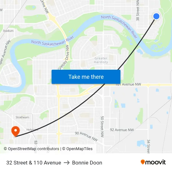 32 Street & 110 Avenue to Bonnie Doon map