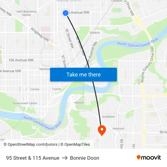 95 Street & 115 Avenue to Bonnie Doon map