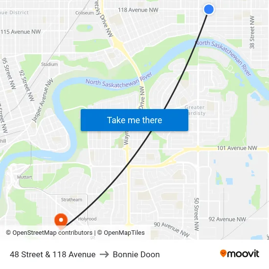 48 Street & 118 Avenue to Bonnie Doon map