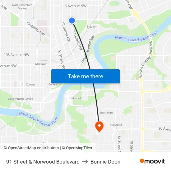 91 Street & Norwood Boulevard to Bonnie Doon map