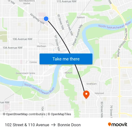 102 Street & 110 Avenue to Bonnie Doon map
