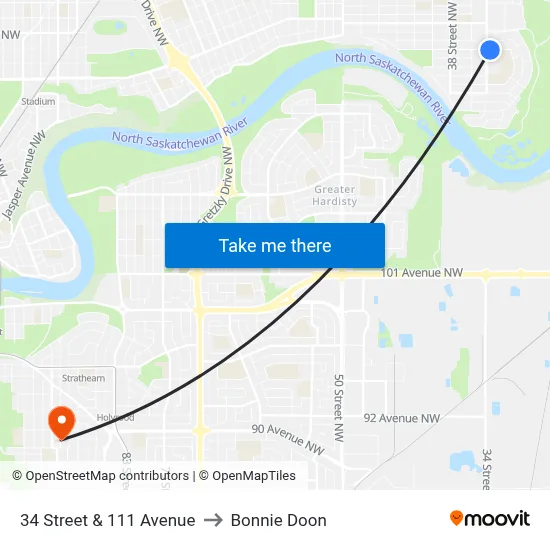 34 Street & 111 Avenue to Bonnie Doon map