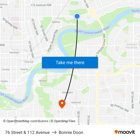 76 Street & 112 Avenue to Bonnie Doon map