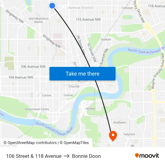106 Street & 118 Avenue to Bonnie Doon map