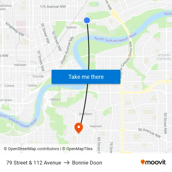 79 Street & 112 Avenue to Bonnie Doon map