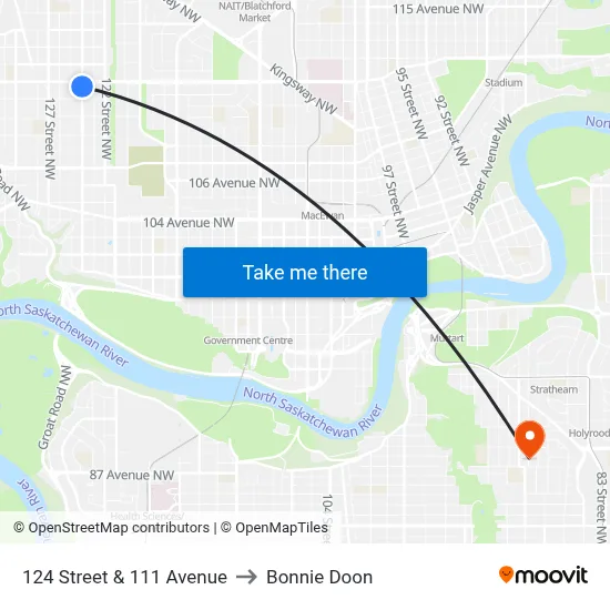 124 Street & 111 Avenue to Bonnie Doon map