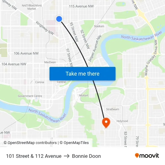 101 Street & 112 Avenue to Bonnie Doon map