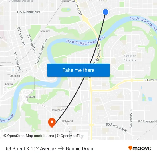 63 Street & 112 Avenue to Bonnie Doon map