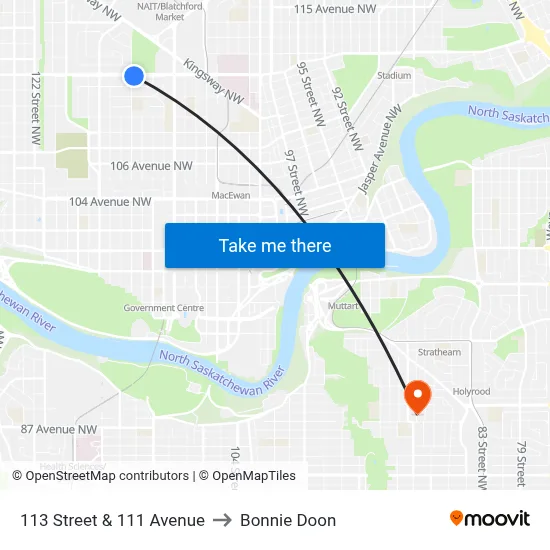 113 Street & 111 Avenue to Bonnie Doon map