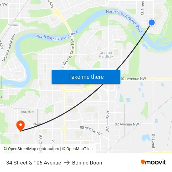 34 Street & 106 Avenue to Bonnie Doon map