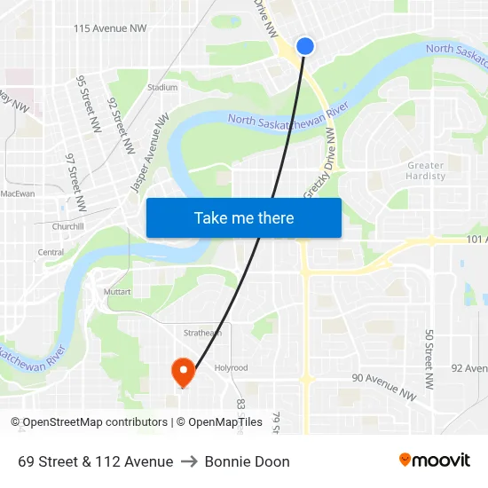 69 Street & 112 Avenue to Bonnie Doon map