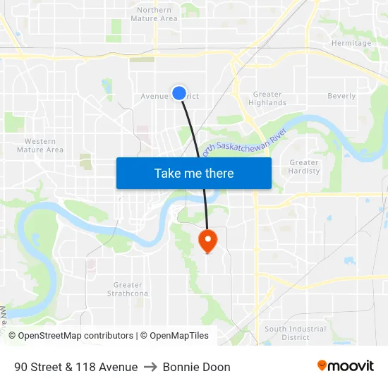 90 Street & 118 Avenue to Bonnie Doon map