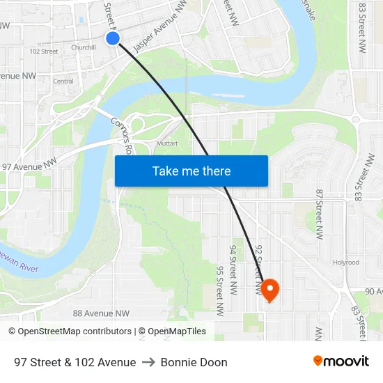 97 Street & 102 Avenue to Bonnie Doon map