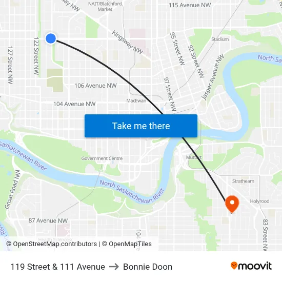 119 Street & 111 Avenue to Bonnie Doon map