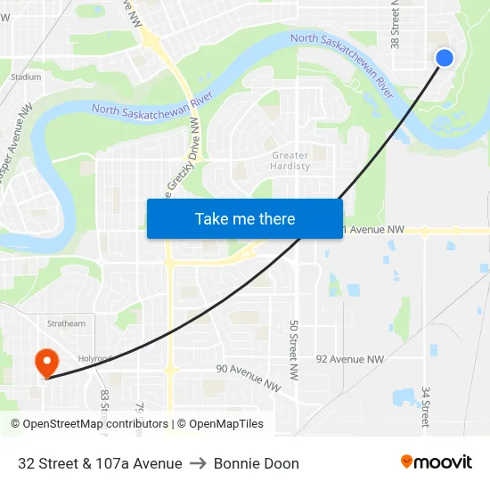 32 Street & 107a Avenue to Bonnie Doon map