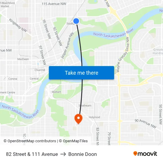 82 Street & 111 Avenue to Bonnie Doon map