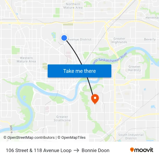106 Street & 118 Avenue Loop to Bonnie Doon map