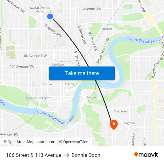 106 Street & 113 Avenue to Bonnie Doon map
