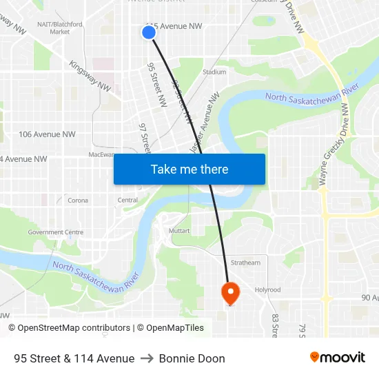 95 Street & 114 Avenue to Bonnie Doon map