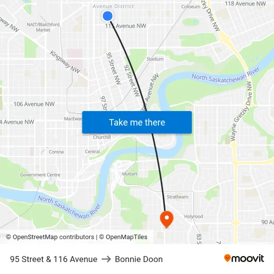 95 Street & 116 Avenue to Bonnie Doon map