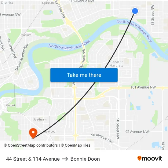 44 Street & 114 Avenue to Bonnie Doon map